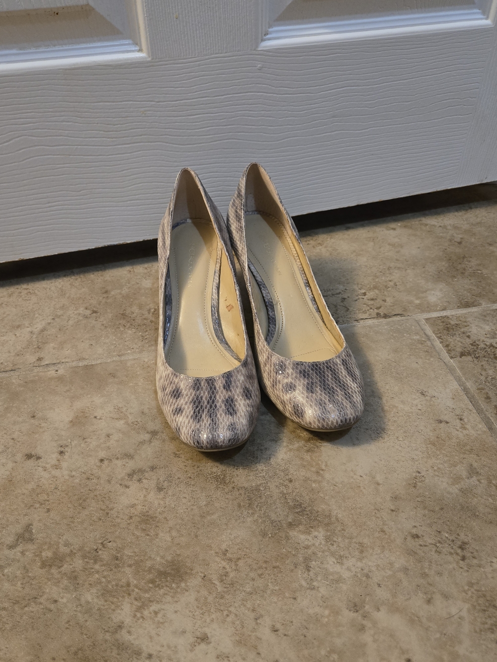 BCBGeneration Taupe Snake-Print Round-Toe Pumps